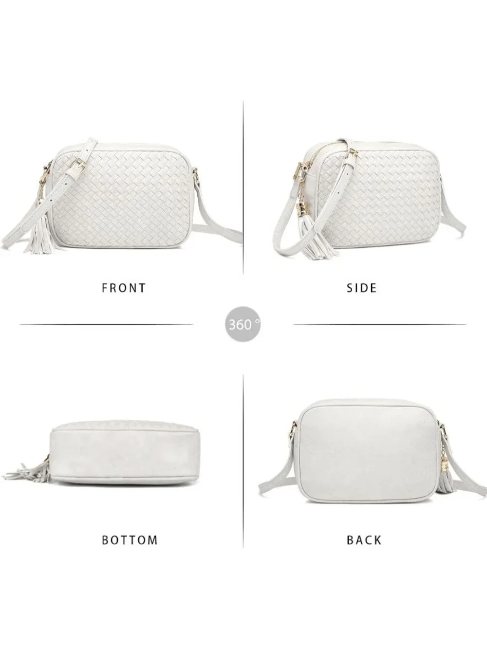 Women's White Woven Small Boho Purse Vegan Zipper Leather Crossbody Bag